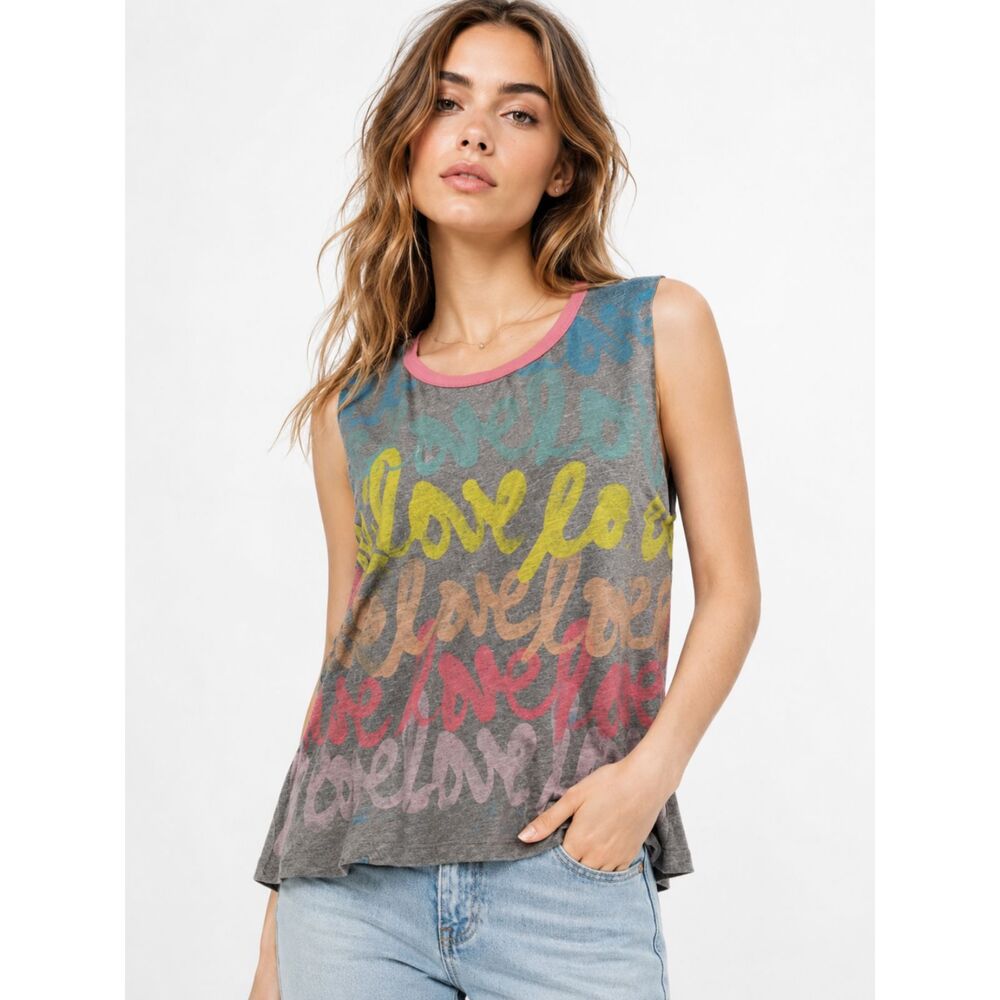 Chaser Graffiti Love Rainbow Muscle Tank Top Burnout Raw Hem Size Small